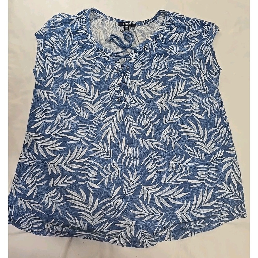 Chaps Women's Size Large Blouse Blue/White Leaves